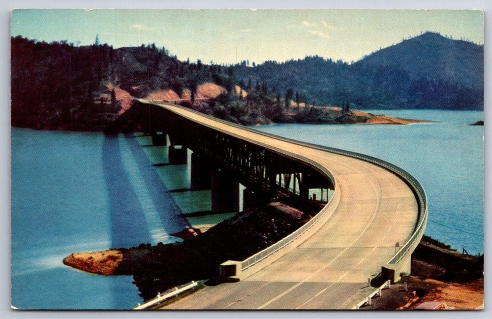 Shasta Dam California~Air View Pit River Bridge~Vintage Postcard