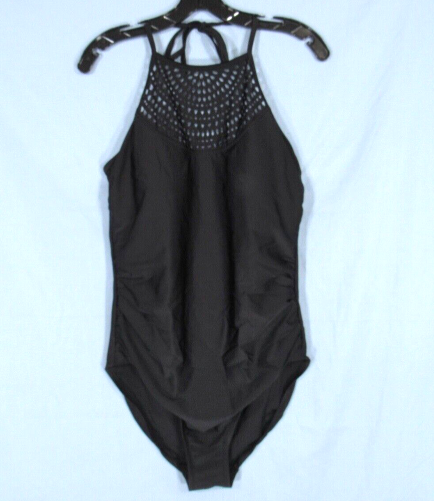 MERONA Black Lazer Cut High Neck Halter Ruched One-Piece Swimsuit with Molded Cups in XL