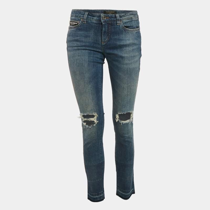 Dolce Gabbana Blue Logo Applique Denim Ripped Jeans S Waist 29