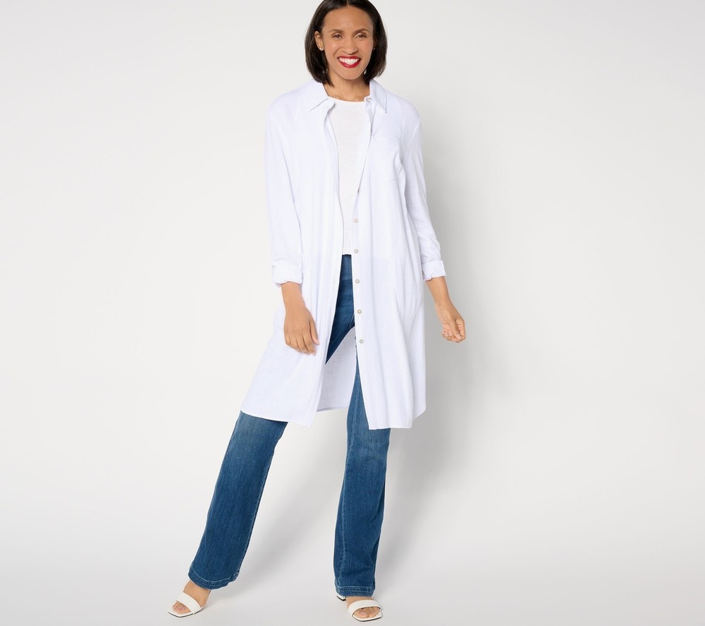 Susan Graver Women's Top Sz S PURE Linen Blend Button Front Duster White A644496