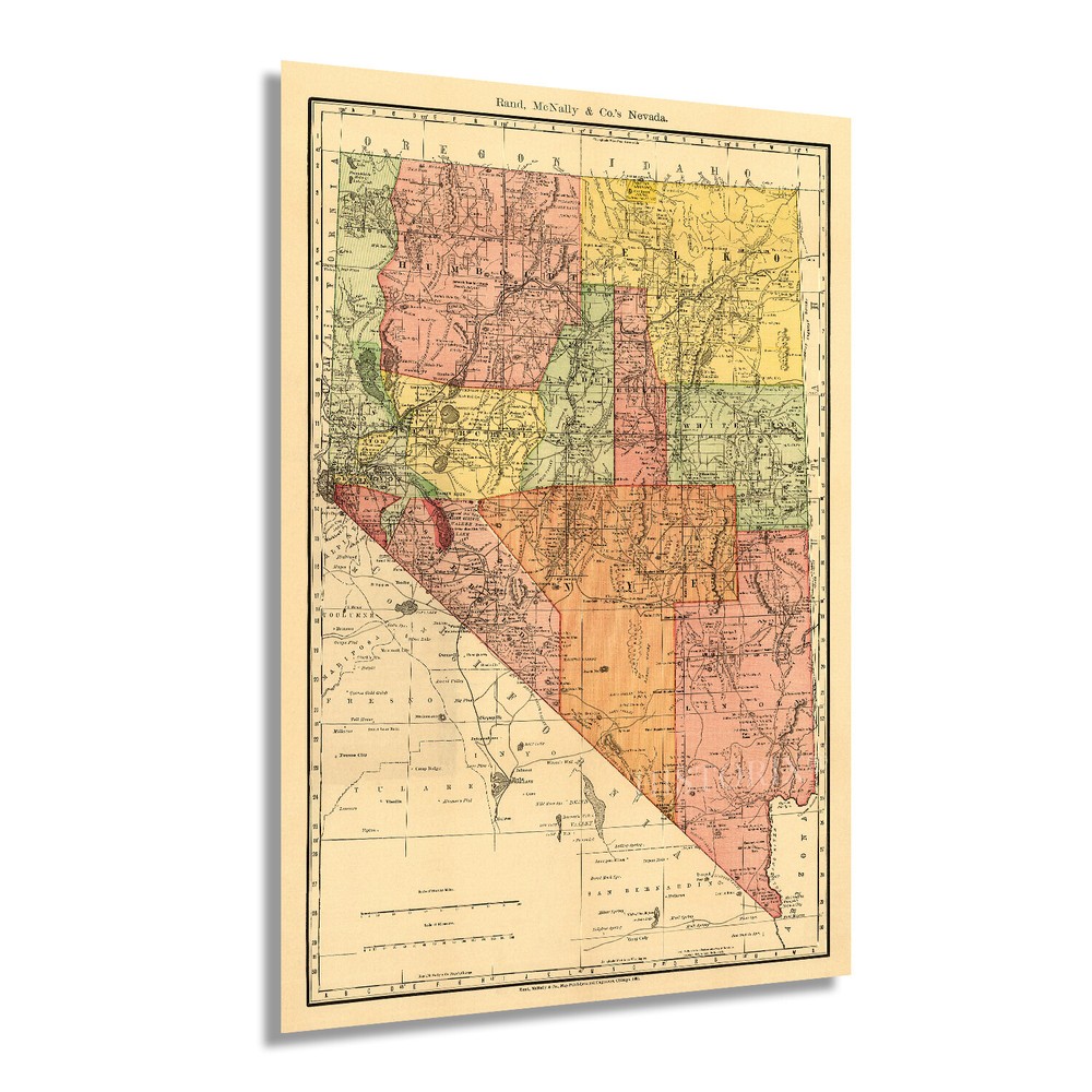 1893 Nevada State Map - Vintage State of Nevada USA Wall Art Decor Poster Print