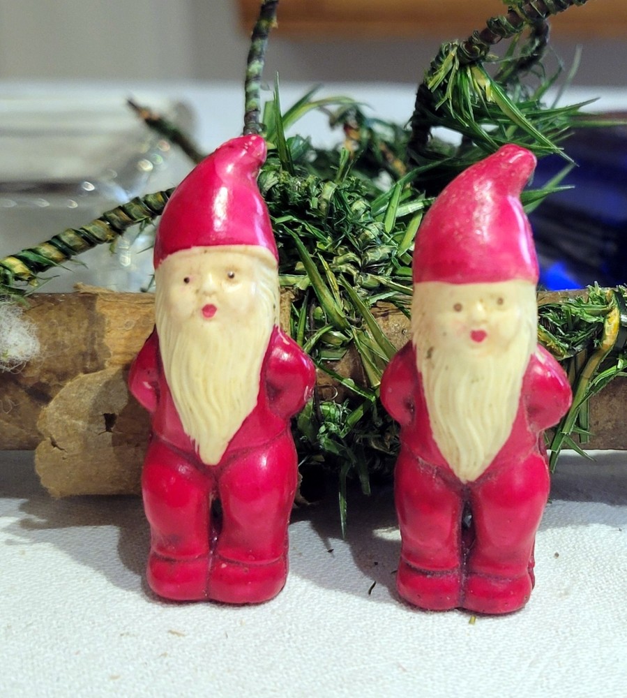 Two Miniature Celloloid red-dressed Christmas Elves. Japan. Hands behind Backs