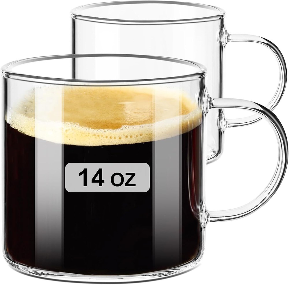 Clear 14oz Glass Coffee Mugs Set of 2 - Paracity Double Pack