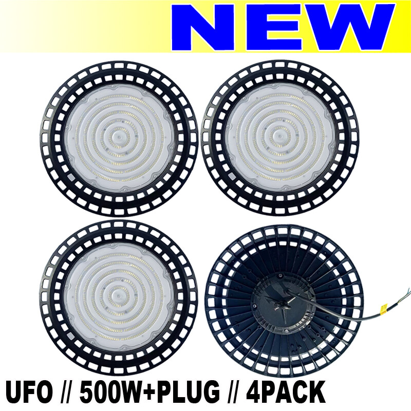 4Pc 500W LED High Bay Fixtures with Plug for Factory Warehouse Commercial Lighting