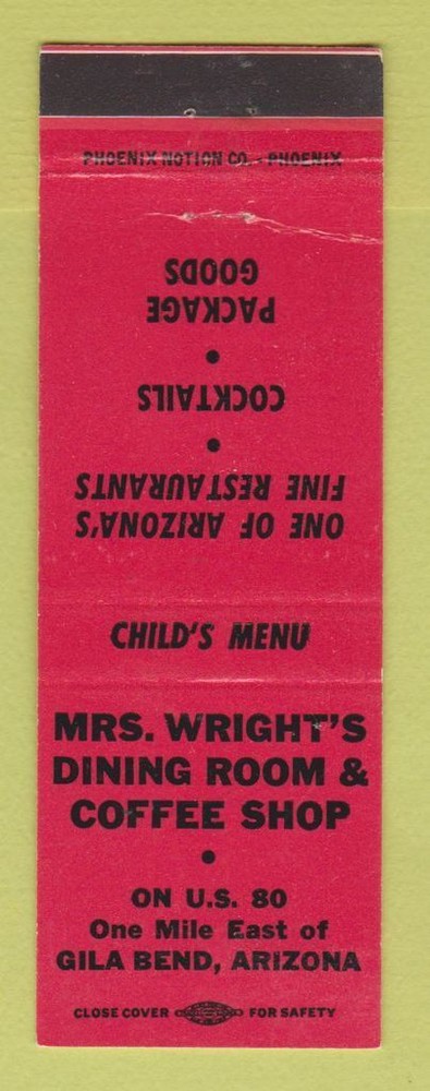 Matchbook Cover - Mrs. Wright's Restaurant Coffee Shop Gila Bend AZ