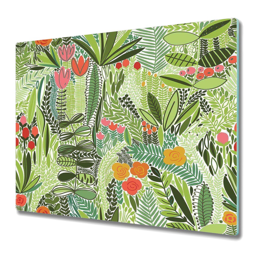 Glass Chopping Board Utensil Green Wildflower Abstract Palm Leaves Jungle 60x52-image