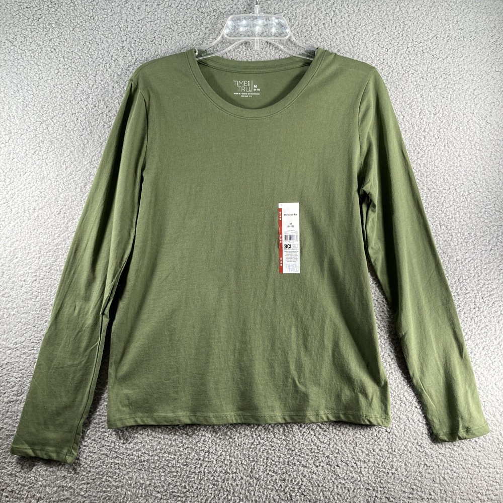 Time and Tru Womens Medium Green Long Sleeve Relaxed Fit Cotton Tee