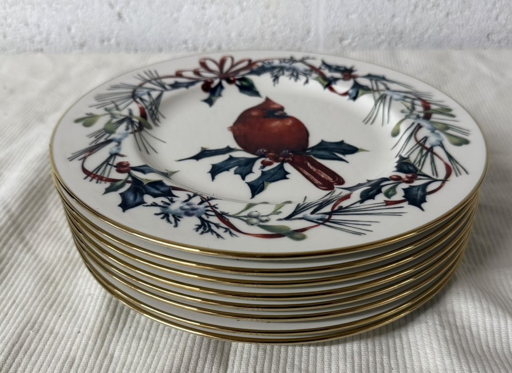 Lenox Winter Greetings Cardinal Accent Luncheon Plates - Set of 8 - W/GOLD TRIM