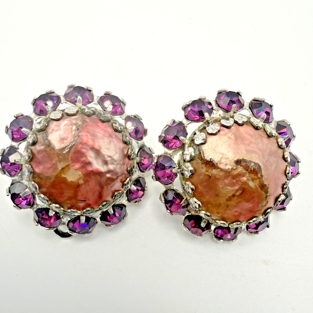 Vintage Weiss Pink Metallic Crinkle Glass Earrings With Amethyst Purple Stones
