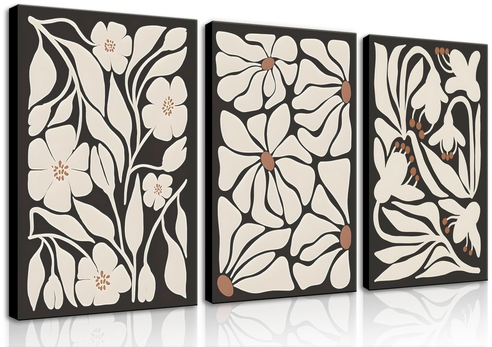 Framed Black Boho Flowers Plant Wall Art Abstract Botanical Flower Canvas Pos...