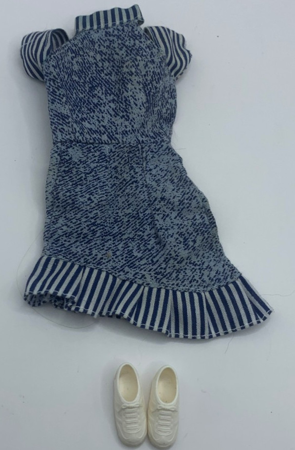 Vintage Barbie Fashion Outfit Clothing Denim Colored Striped Dress Shoes 90s