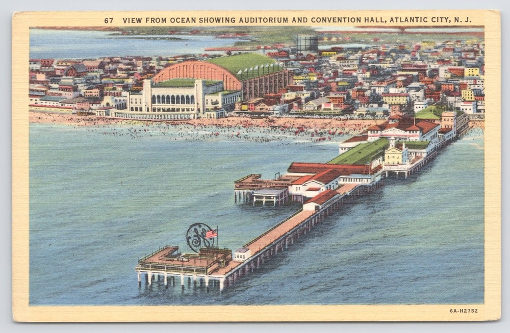 Linen~Aerial Ocean Auditorium Convention Hall Atlantic City NJ~Vintage Postcard