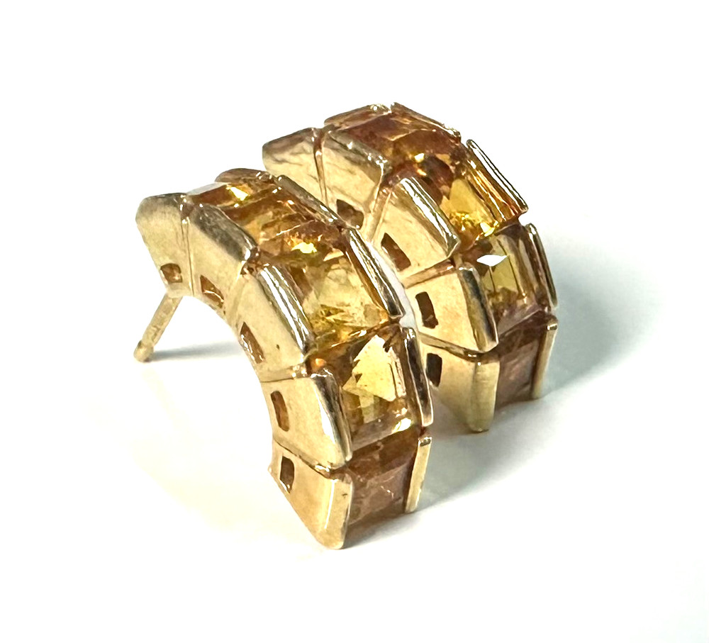 14K YELLOW GOLD Stamped MEXICO Citrine Princess Cut Pierced Earrings 3.55