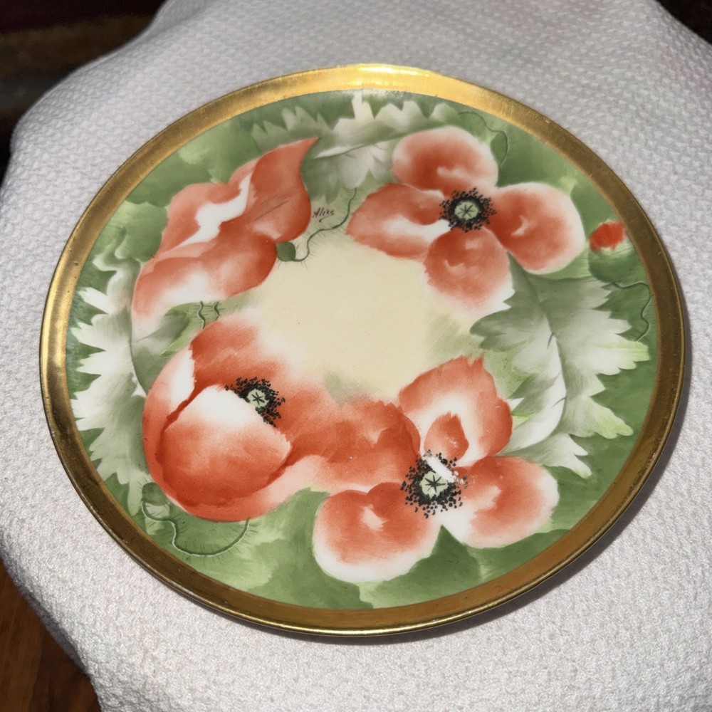 Limoges Coronet Hand Painted POPPIES Dessert Plate 7.5” Signed Alice Gold Rim