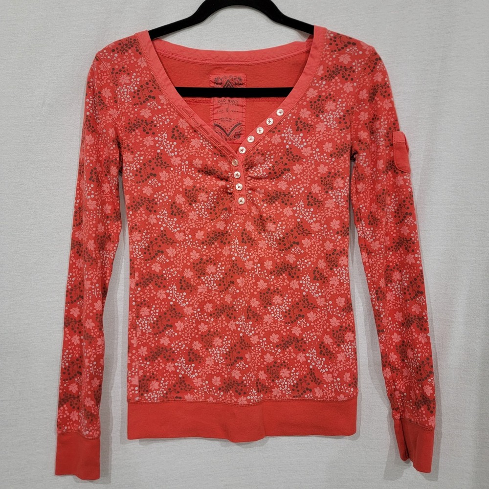 Old Navy Women’s Y2K Knit Henley Top Long Sleeve Size S  2000s Floral Salmon Col