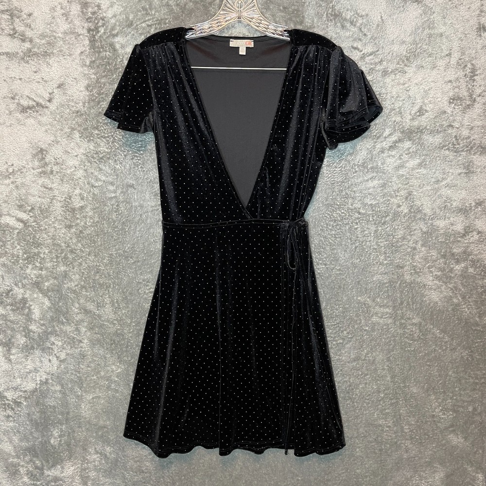 Gianni Bini Women Velvet Gold Speck Party Flutter Sleeve Short Wrap Dress XS