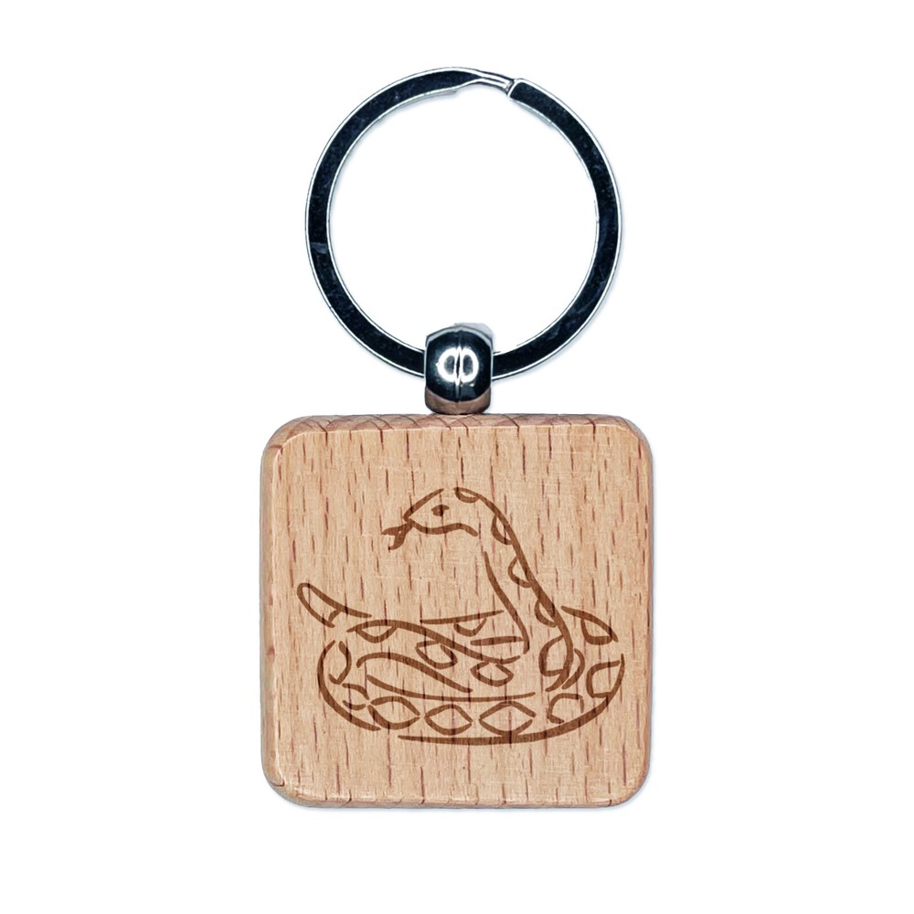 Coiled Snake Forked Tongue Engraved Wood Square Keychain Tag Charm