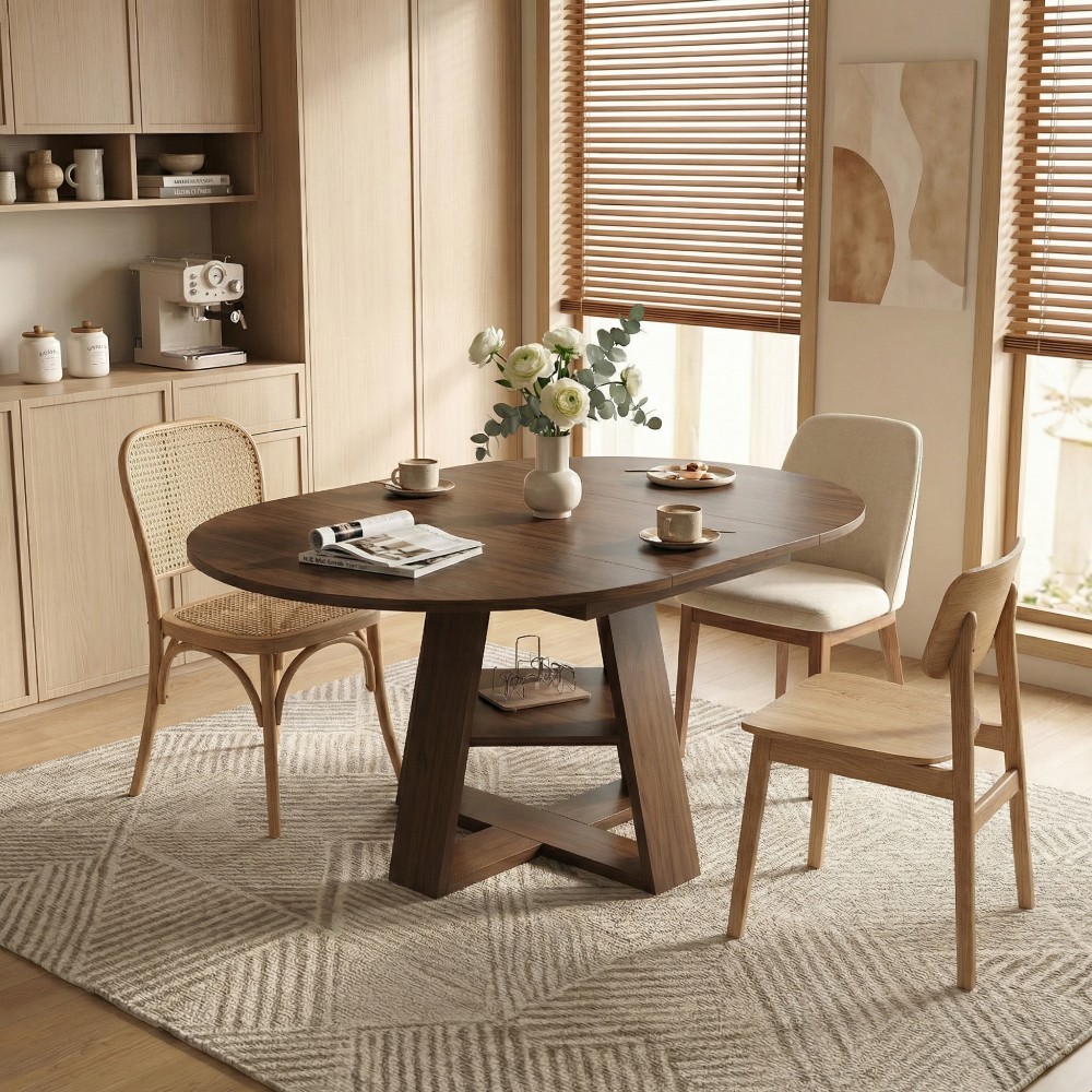Circular dining table with detachable wooden base and expandable