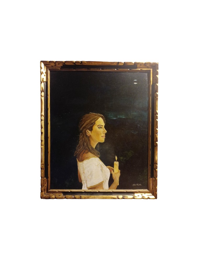 Original Portrait Oil Painting Woman Candlelight Framed Signed Vintage Style Art