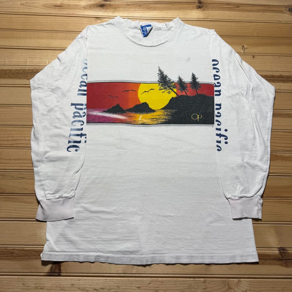 Vintage 80s OP Ocean Pacific Sunset Beach Surf Graphic Long Sleeve Shirt Large