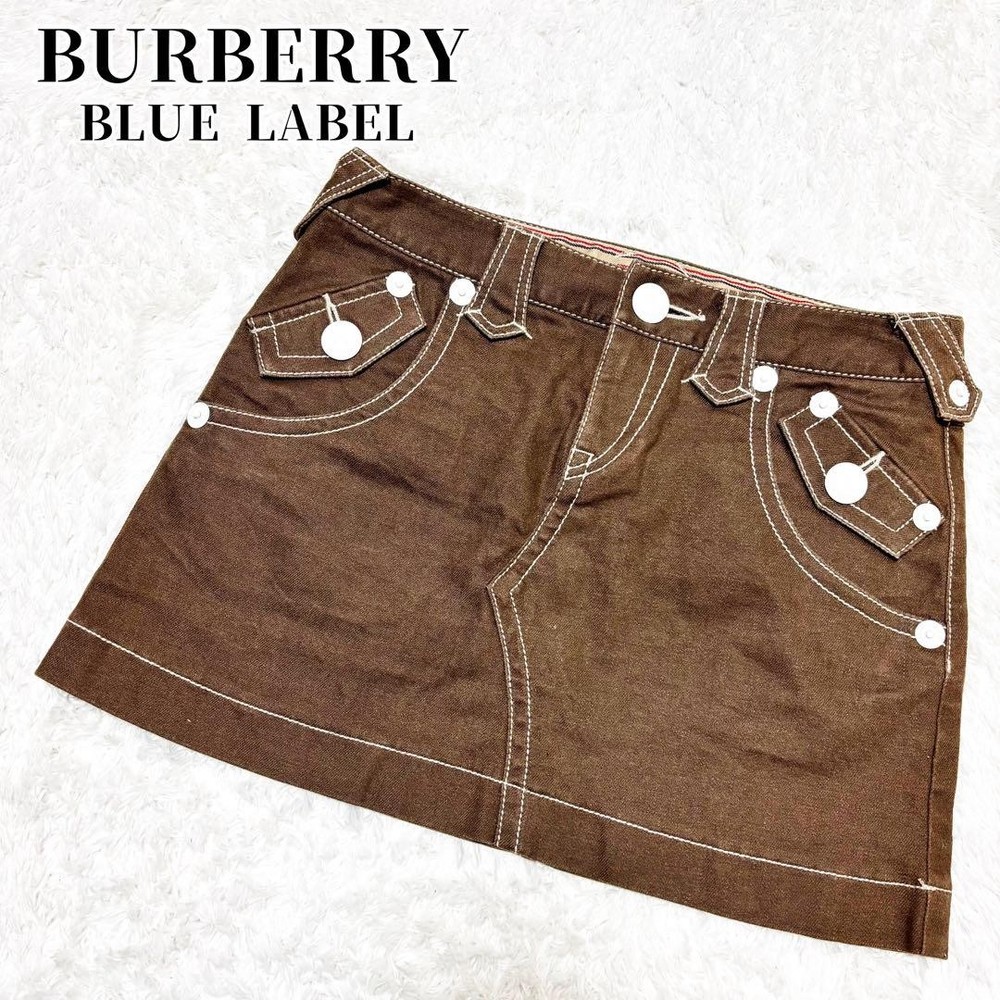 Rare BURBERRY BLUE LABEL Denim Skirt Horse Logo Y2K Brown Women's Size S