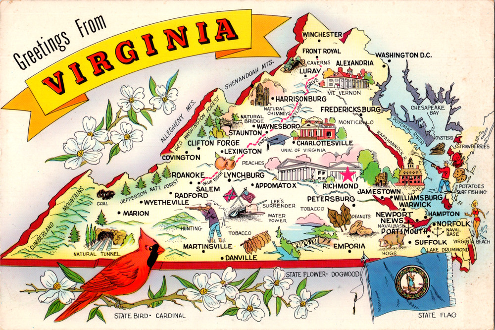 Vintage Postcard Greetings From Virginia Map State Attractions