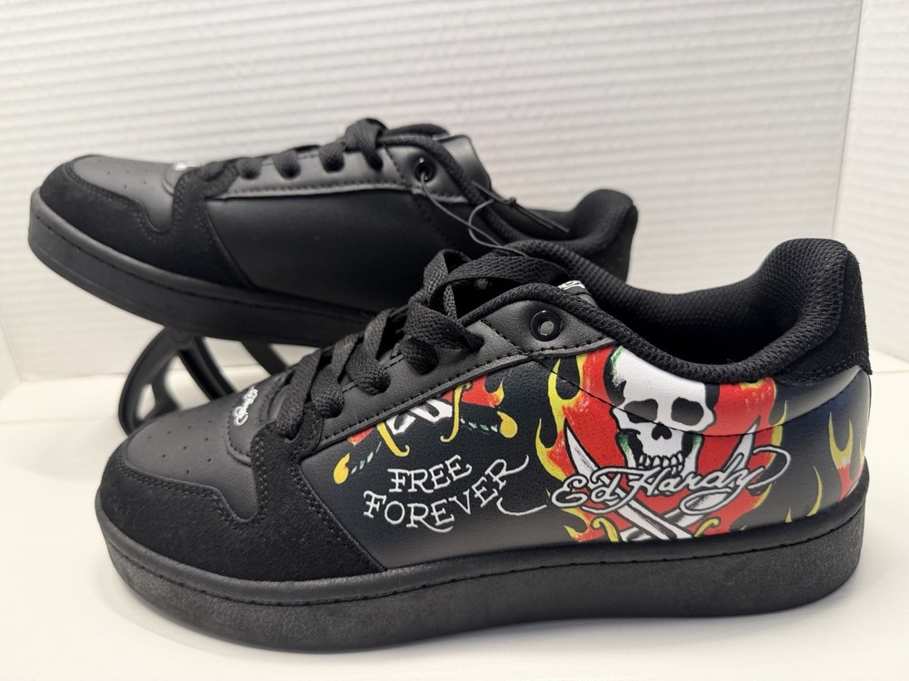 Ed Hardy Skull Flame Sneakers Men Size 6 Black Tattoo Graphic Faux Leather Shoes