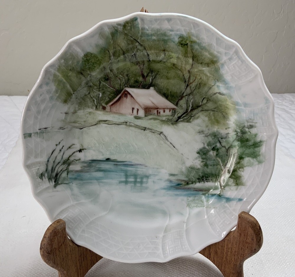 Vintage Salad Plate, Decorative, Hand Painted, Country House With Trees, Germany