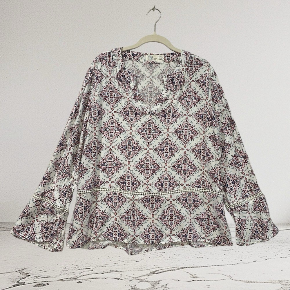 Time and Tru Womens Large Boho Bell Sleeve Peasant Top with Crochet Trim