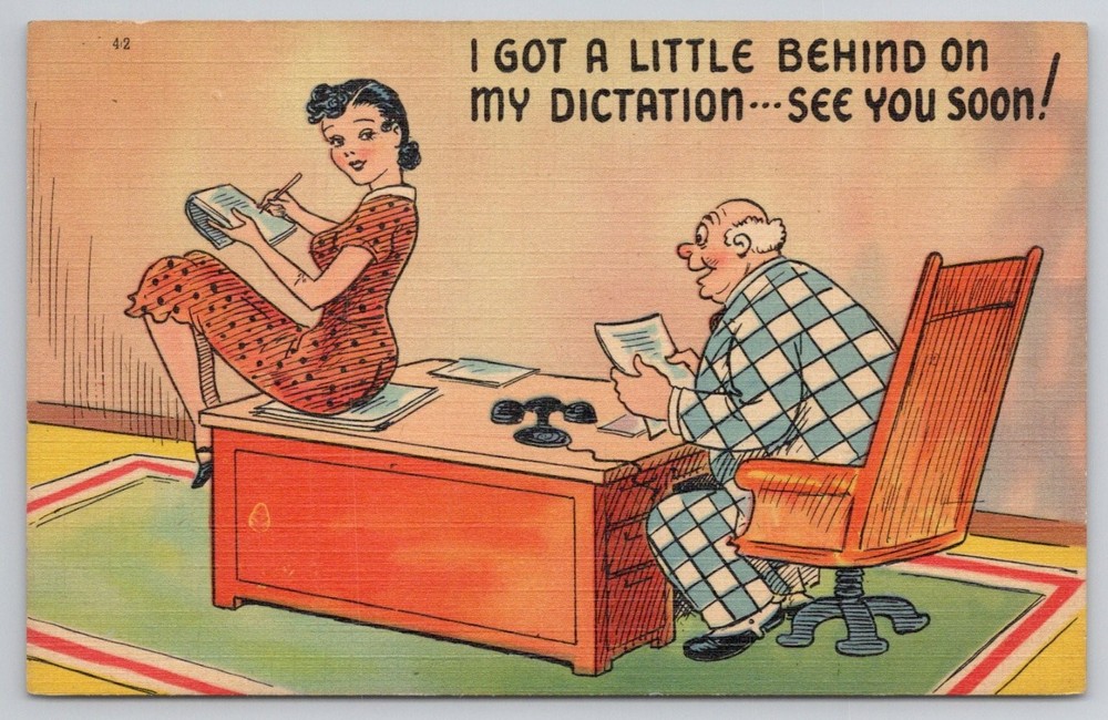 Vintage Comic Postcard Secretary Dictation Boss General Comics Humor
