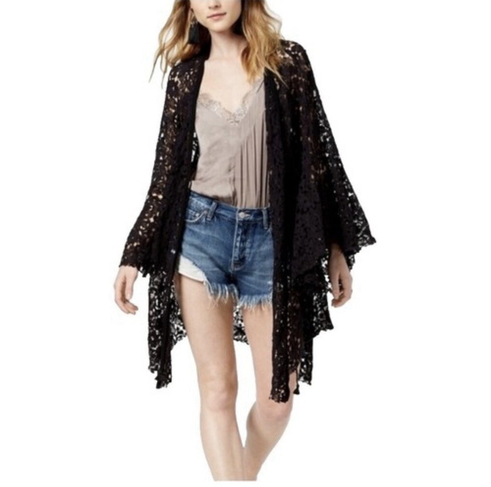 Free People Intimately Long Sleeve Black Lace Crochet Cardigan Cover Up Size S