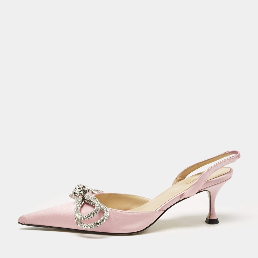 Mach Mach Pink Satin Crystal Embellished Double Bow Ankle Wrap Pumps Size 36