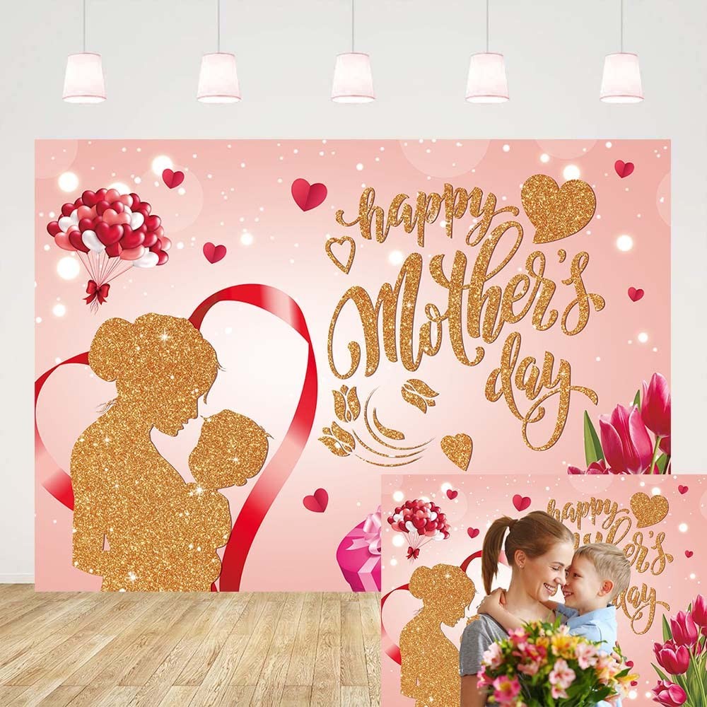 Happy Mother's Day Backdrop 7x5FT Rose Gold Glitter Mothers Day Party Decorat...
