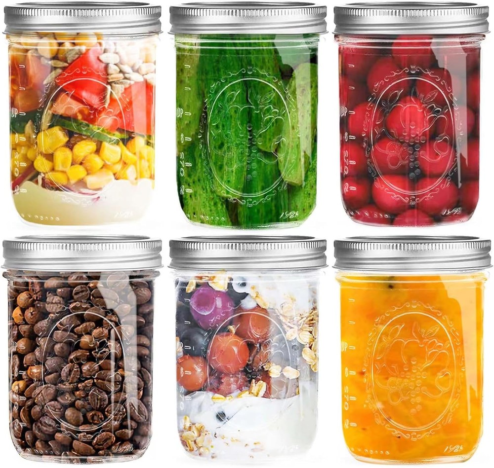 Wide Mouth Mason Jars 16 oz with Lids [6 Pack], Canning Metal Clear