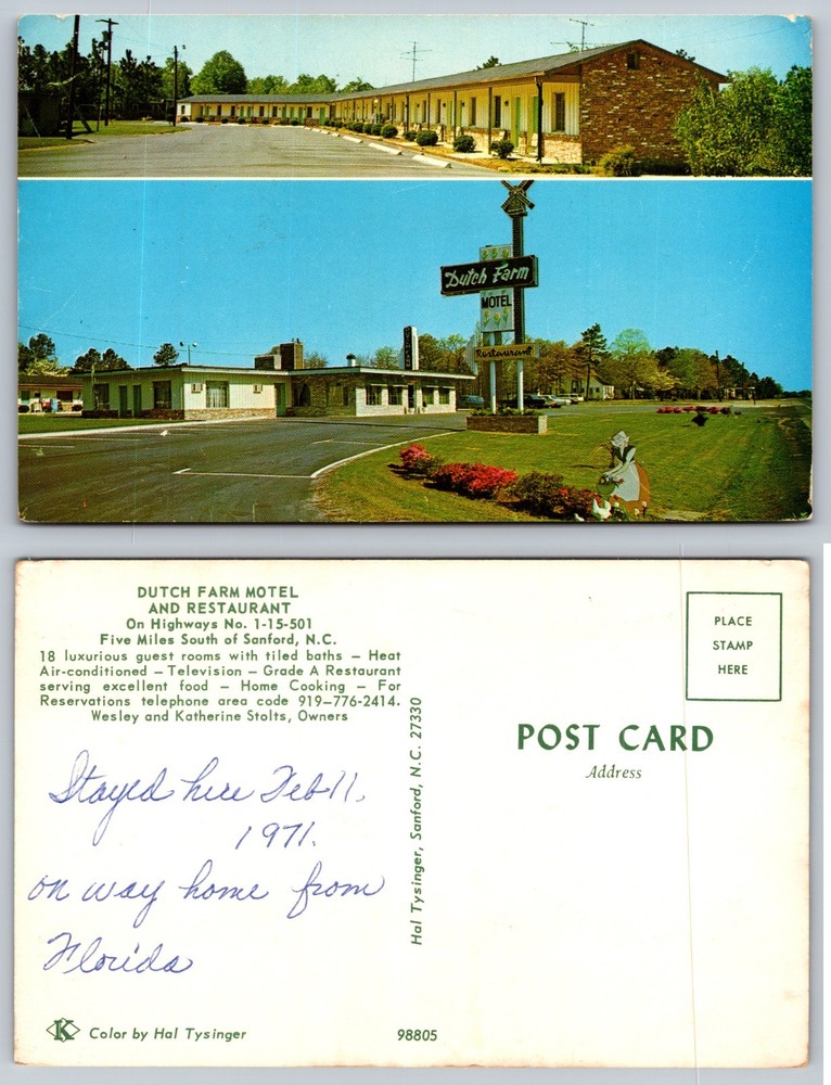Dutch Farm Motel Restaurant Sanford NC Postcard
