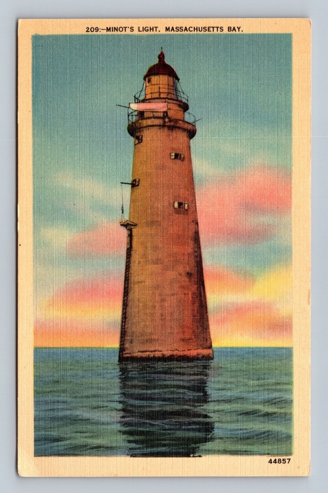 Vintage Minot's Light Massachusetts Bay Linen Postcard Scenic Lighthouse