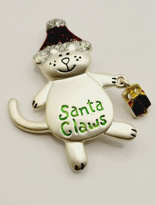 Christmas Cat Charm Brooch Pin Brushed Silver Tone Vintage Santa Claws #72
