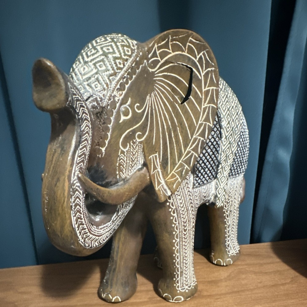 Ethnic Elephant Resin Figurine, Brown White Black, Large, Matte Carvings