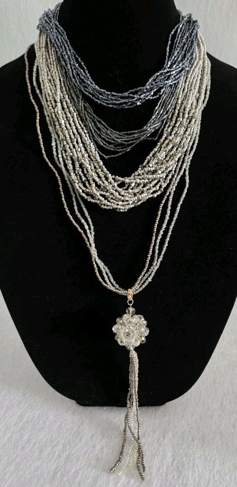 Vintage BOHO Glass Seed Bead Necklace Lot   Silver Grey  Multi-strand LARIAT