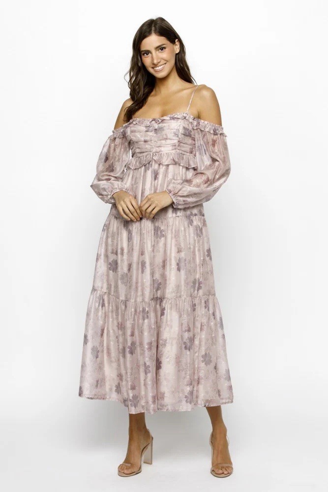 Storia Light Pink Floral Off Shoulder Long Sleeve Tiered Maxi Dress Medium girly