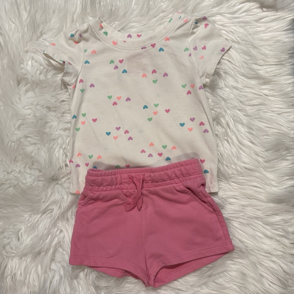 Cat & Jack Toddler Girl 2 Piece Heart Graphic Tee Shorts Set Size 18 Months