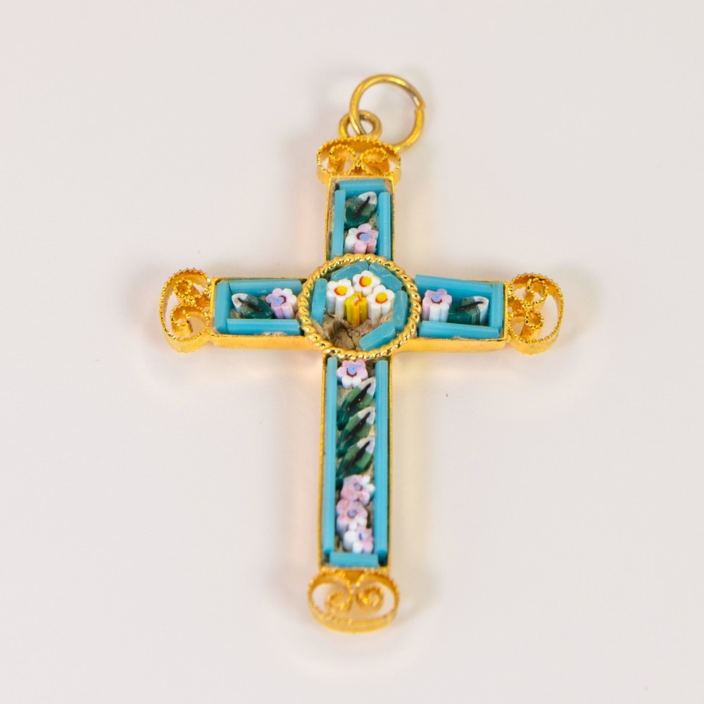Vintage Handcrafted Italian Micro Mosaic Cross Pendant - Gold-Tone Filigree Acce