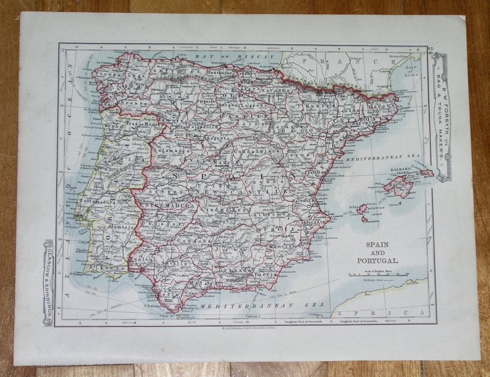 1907 Antique Map Of Spain And Portugal Balearic Islands Majorca England Physical