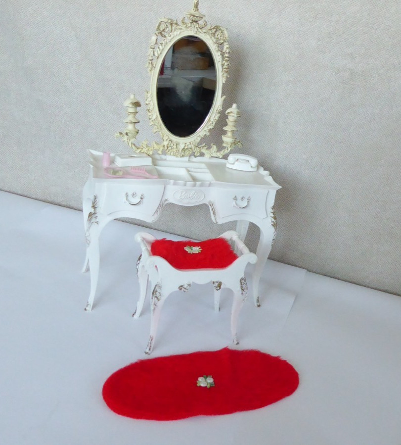 Vintage Barbie Suzy Goose Vanity Rug Bench Phone Tissue Box Mirror Brush Curler
