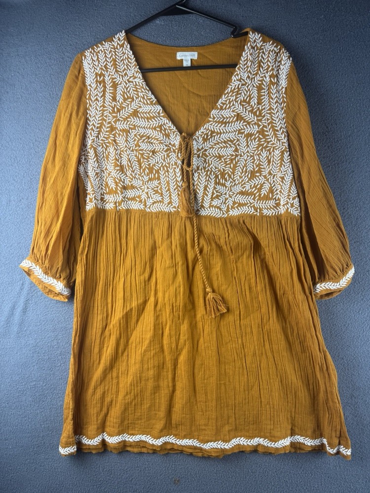 Garnet Hill Women's Yellow Organic Cotton Blouse XS Peasant Tunic Embroidered