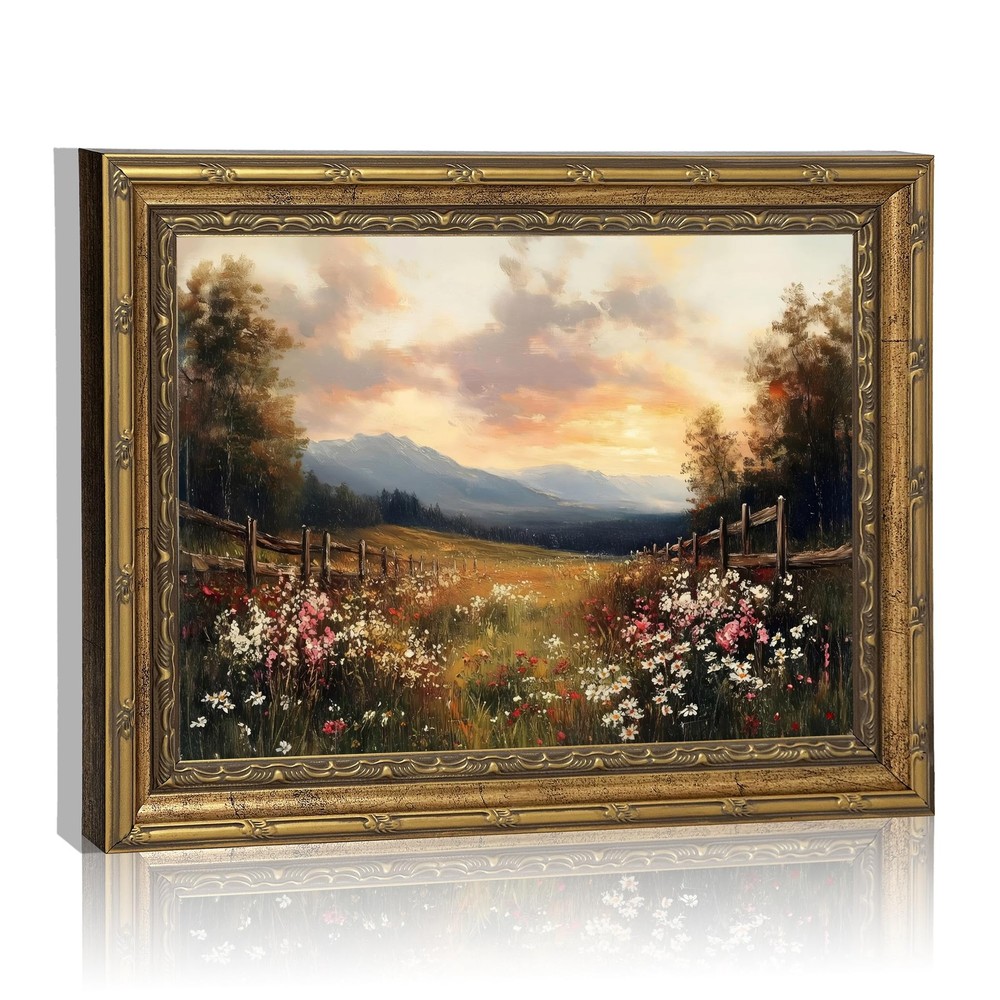 Vintage Gold Framed Wall Art, Retro Wildflower Canvas Print, Rustic Farmhouse...