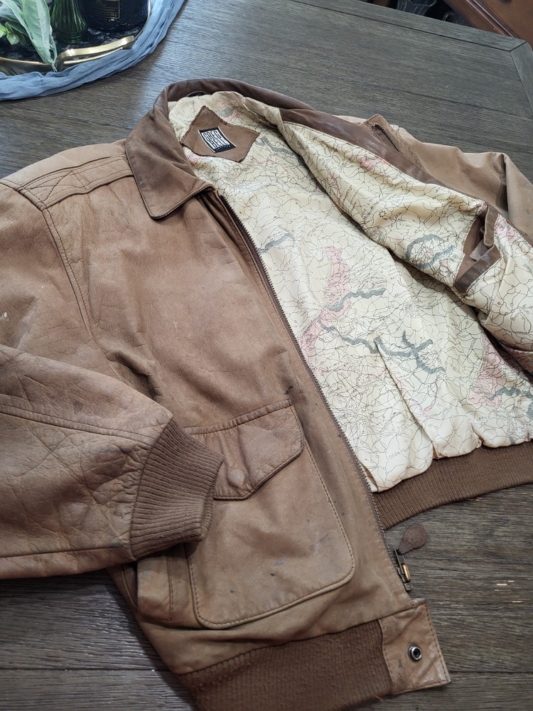 Vintage Greg Bell 90’s Brown Leather Bomber Jacket Large With Map INSIDE DISTRES