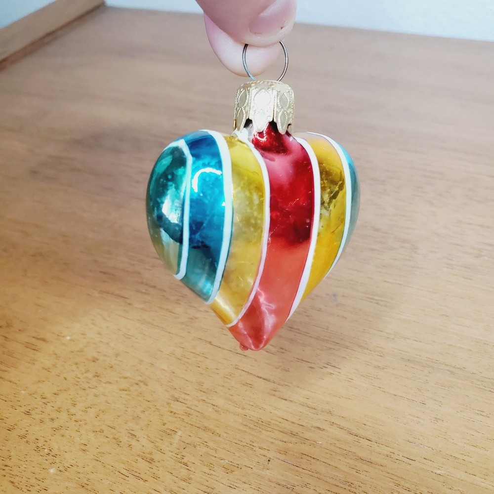 Vintage West Germany Rainbow Heart Ornament Blown Glass Christmas Holiday Decor