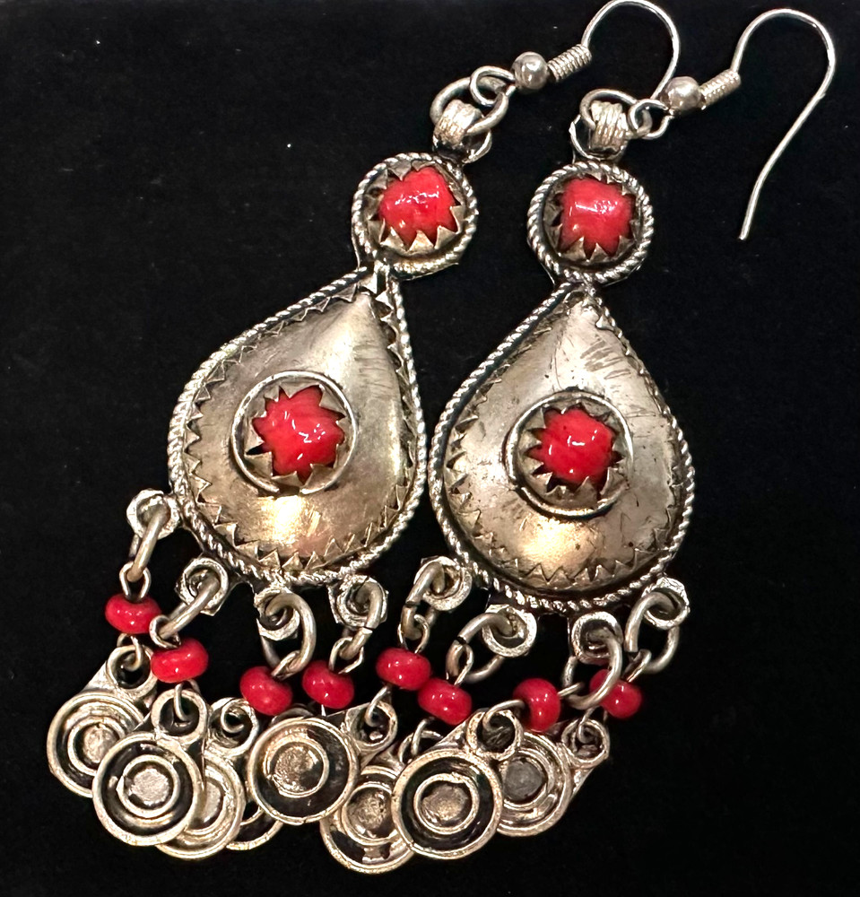 Vtg Costume Silver Tone Red Stone Dangle Pierced Earrings Jewelry Lot I