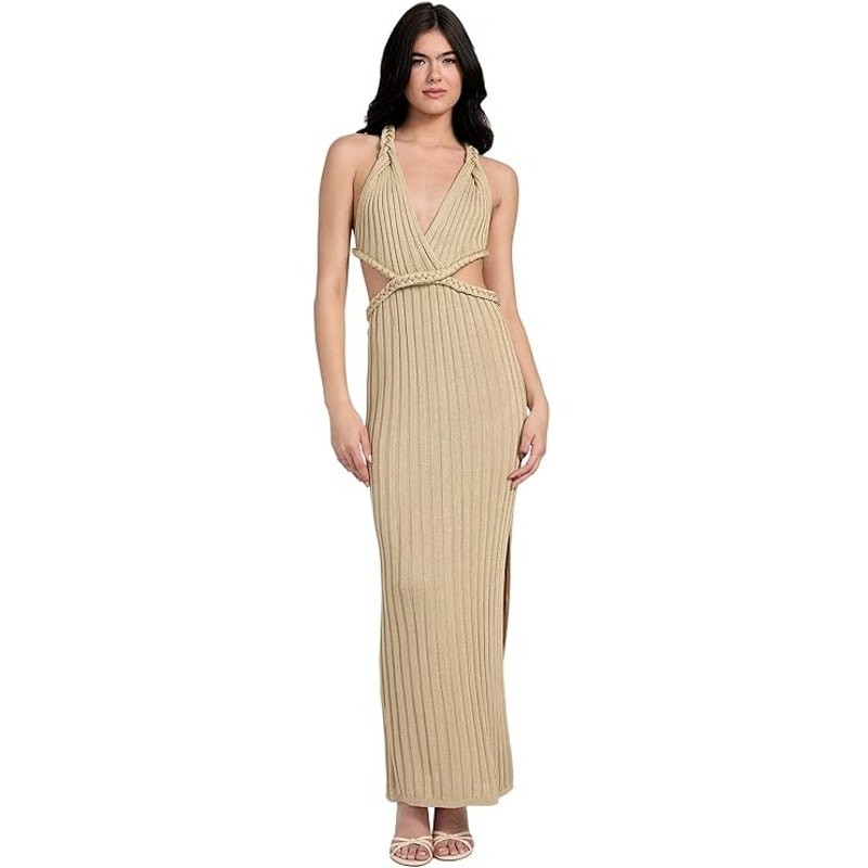 GUESS Women Natural Metallic Rib Knit Vanya Braid Trim Cutout Maxi Dress Size S